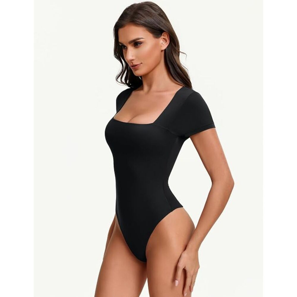 Women's Square Neck Short Sleeve Bodysuit Y2K Clean Girl Feminine Black XS